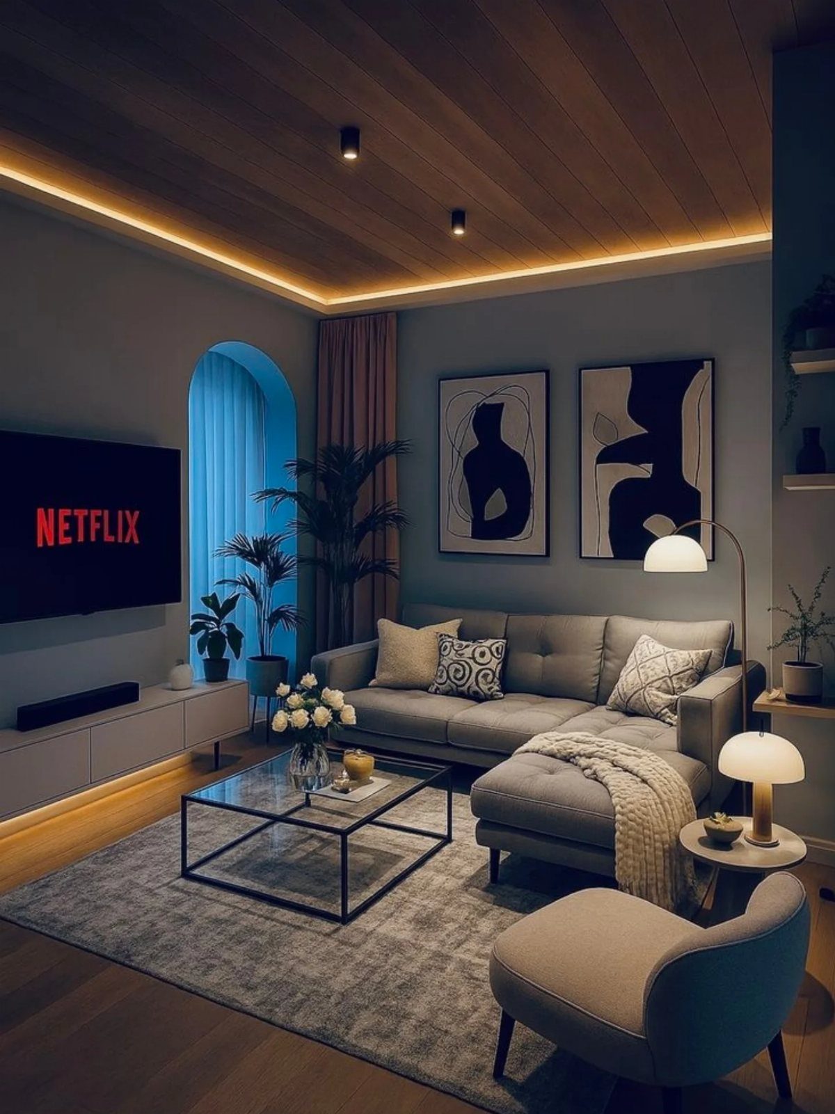Modern living room with grey sectional sofa, glass coffee table, and abstract wall art.