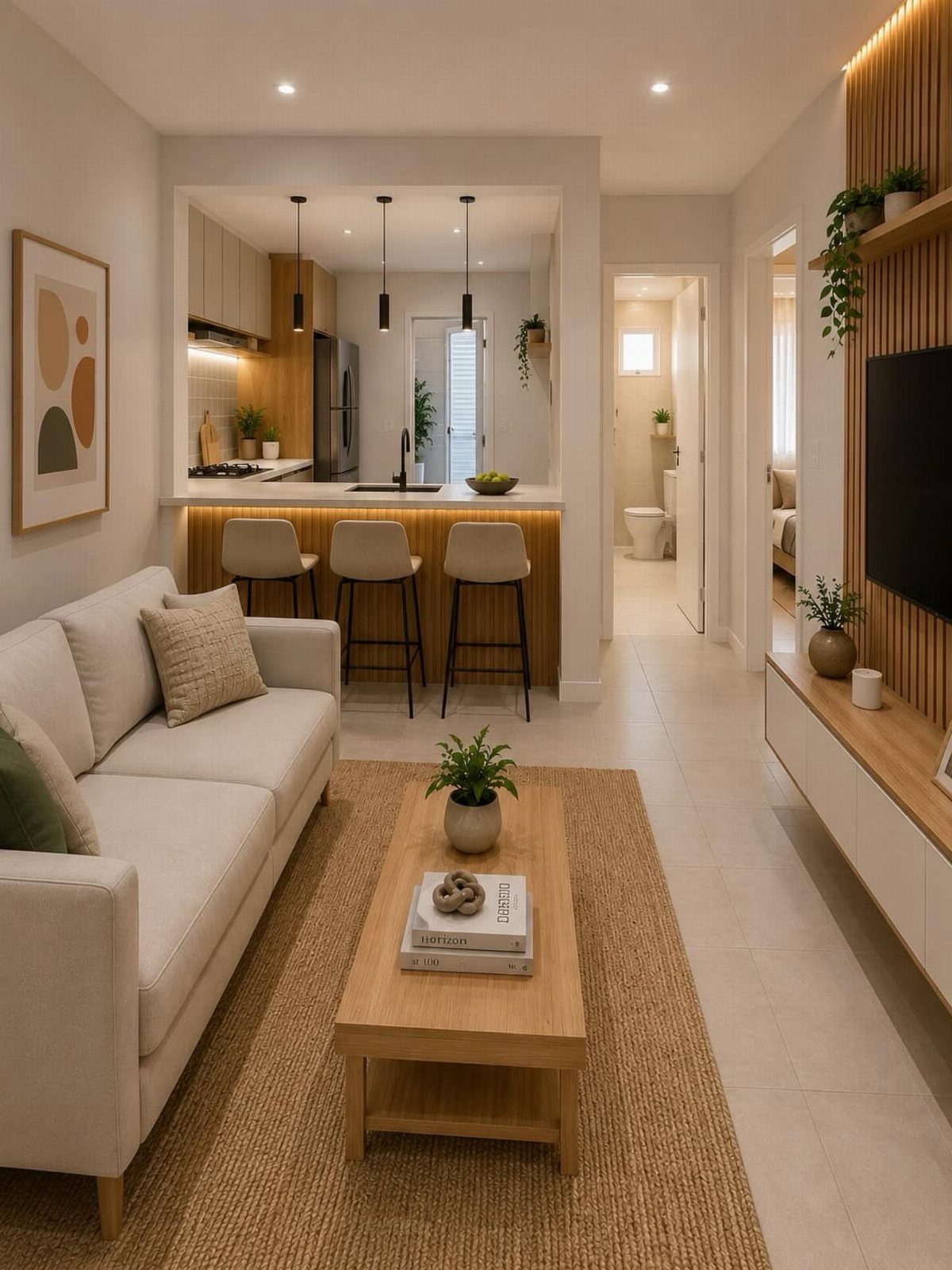 White sofa and wooden coffee table in a bright, small open-concept living room.