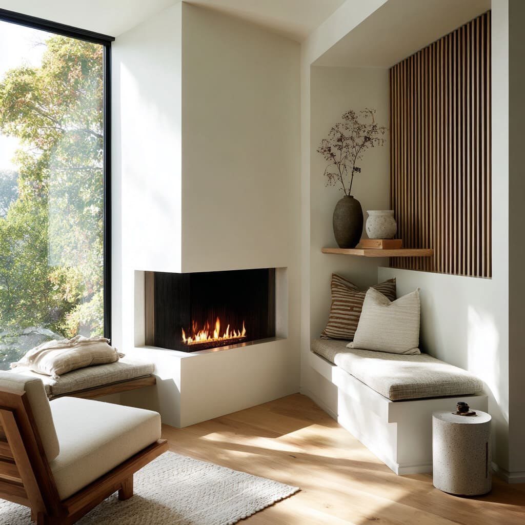 Modern living room with a white fireplace and angled seating including a built-in bench.