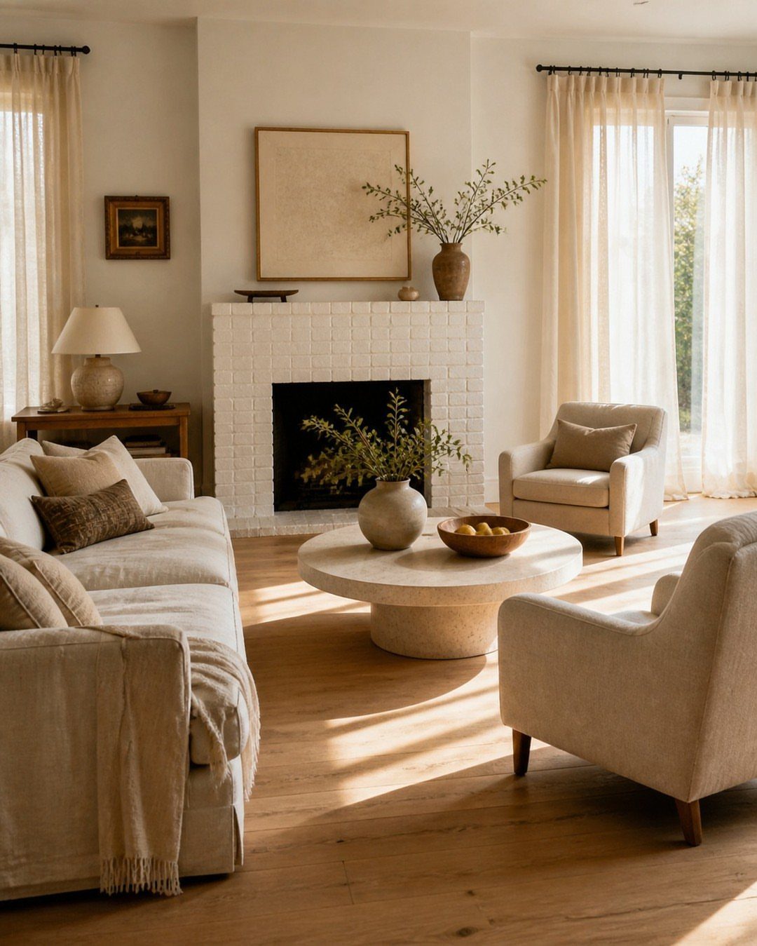 Living room with a white fireplace, beige seating, and open walking paths.