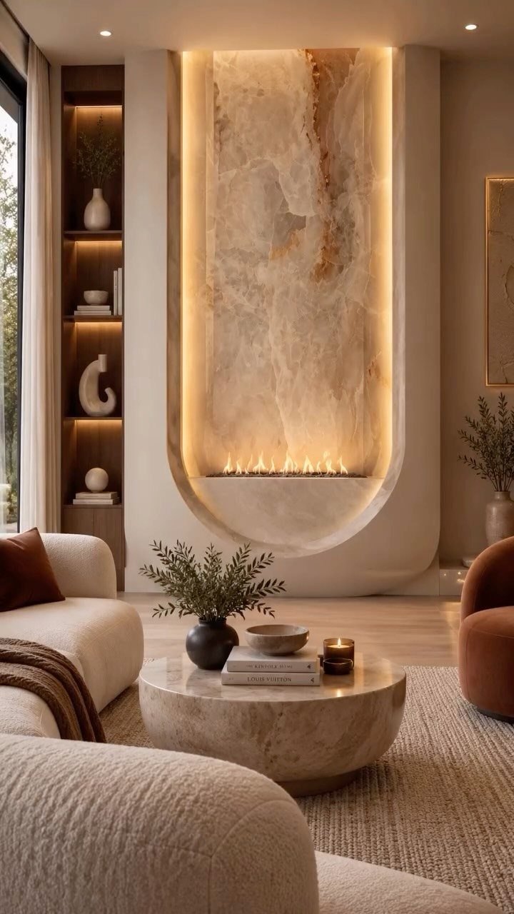 Modern living room with a curved marble fireplace, white sofa, and marble coffee table.