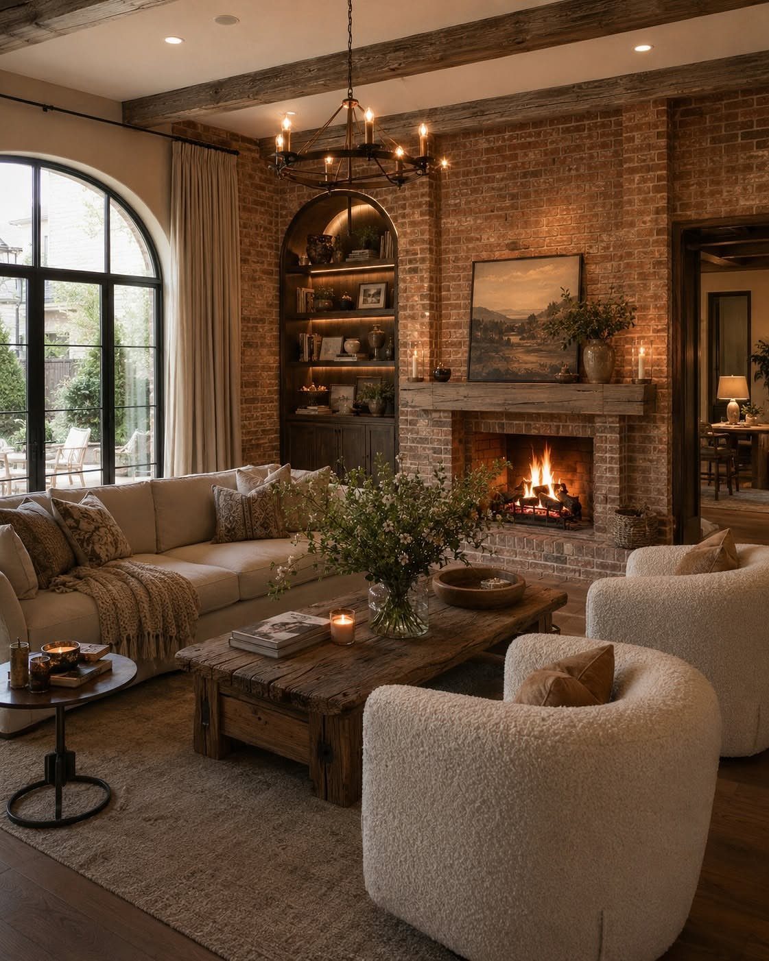 Living room with a brick fireplace, beige sofa, and rustic wooden coffee table.