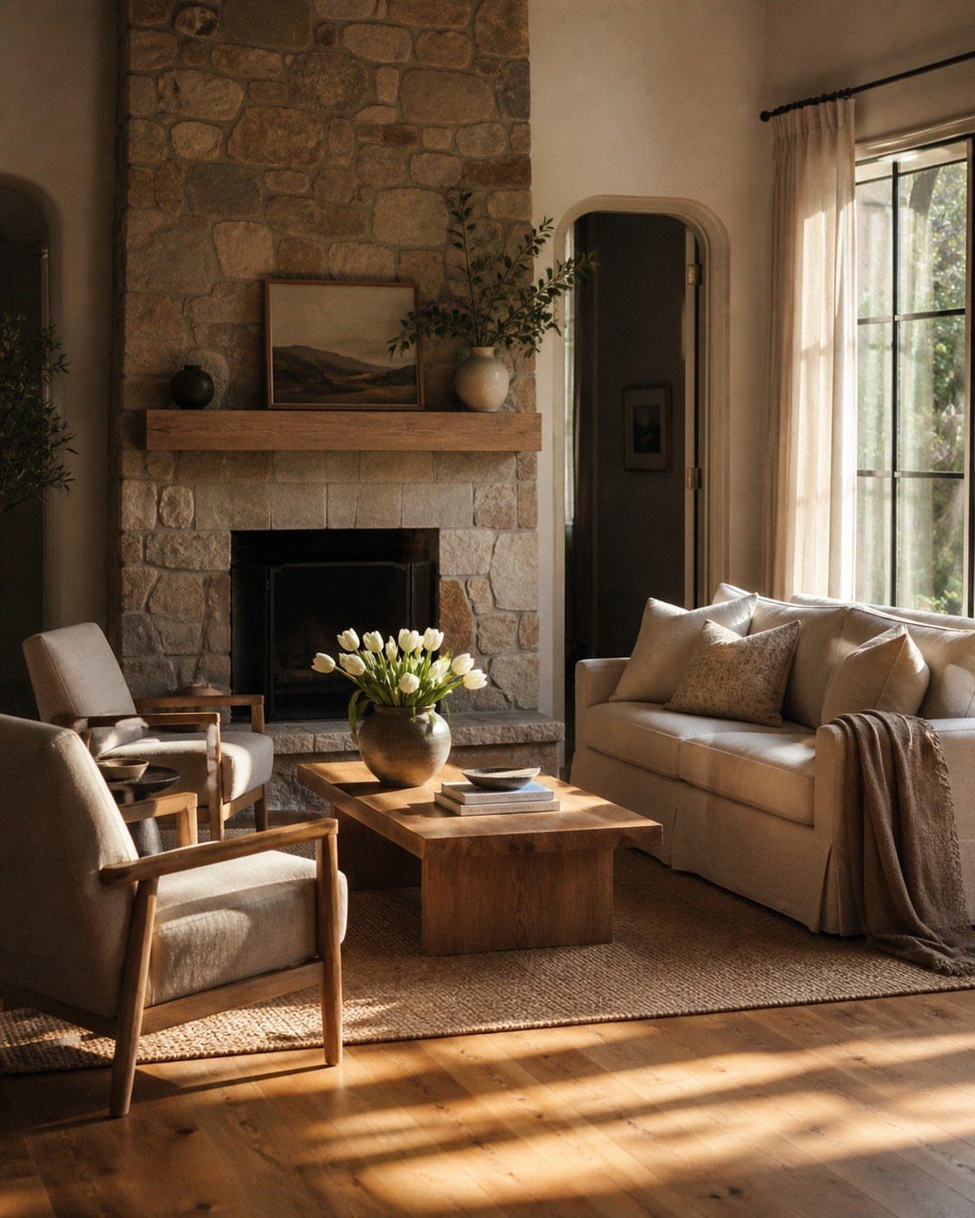 Beige sofa and armchairs arranged around a wooden coffee table by a stone fireplace.