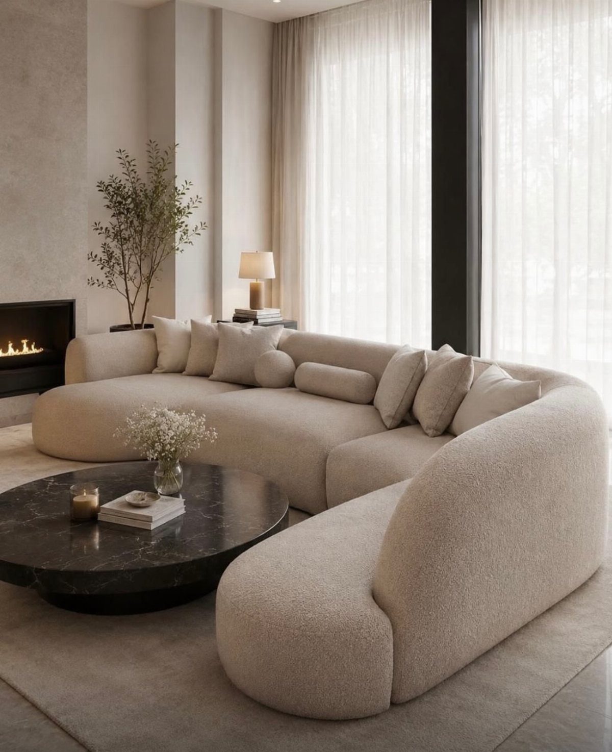 Curved beige modular sofa arranged in a U-shape around a black marble coffee table.