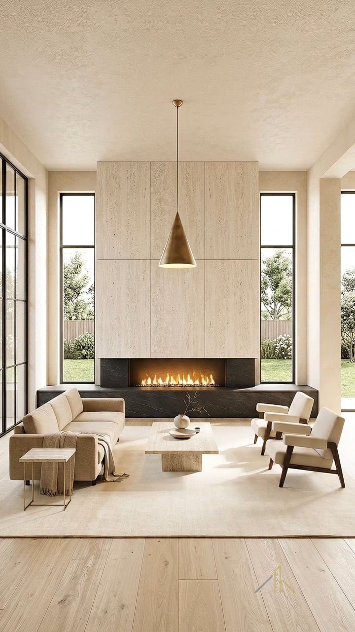 Modern living room furniture arranged around a long linear fireplace and stone wall.