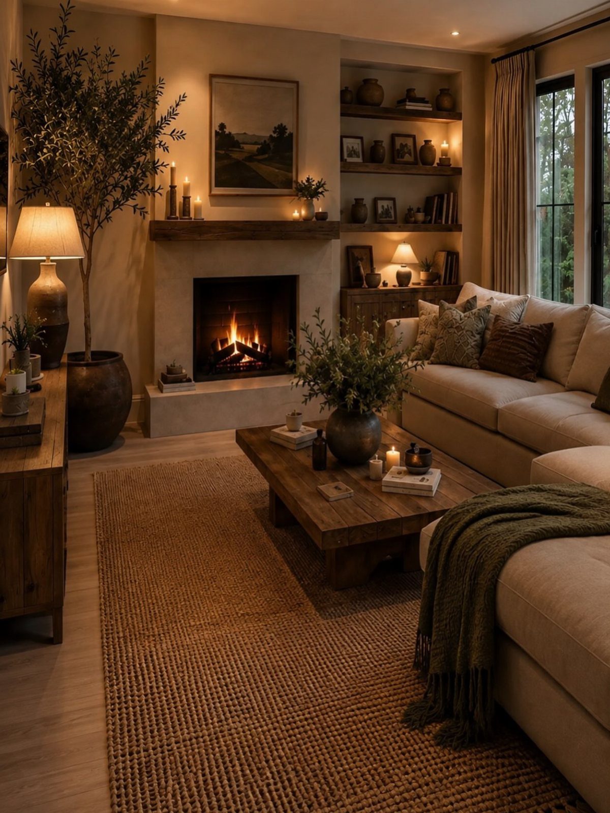 Living room with a decorated wooden mantelpiece above a glowing fireplace.