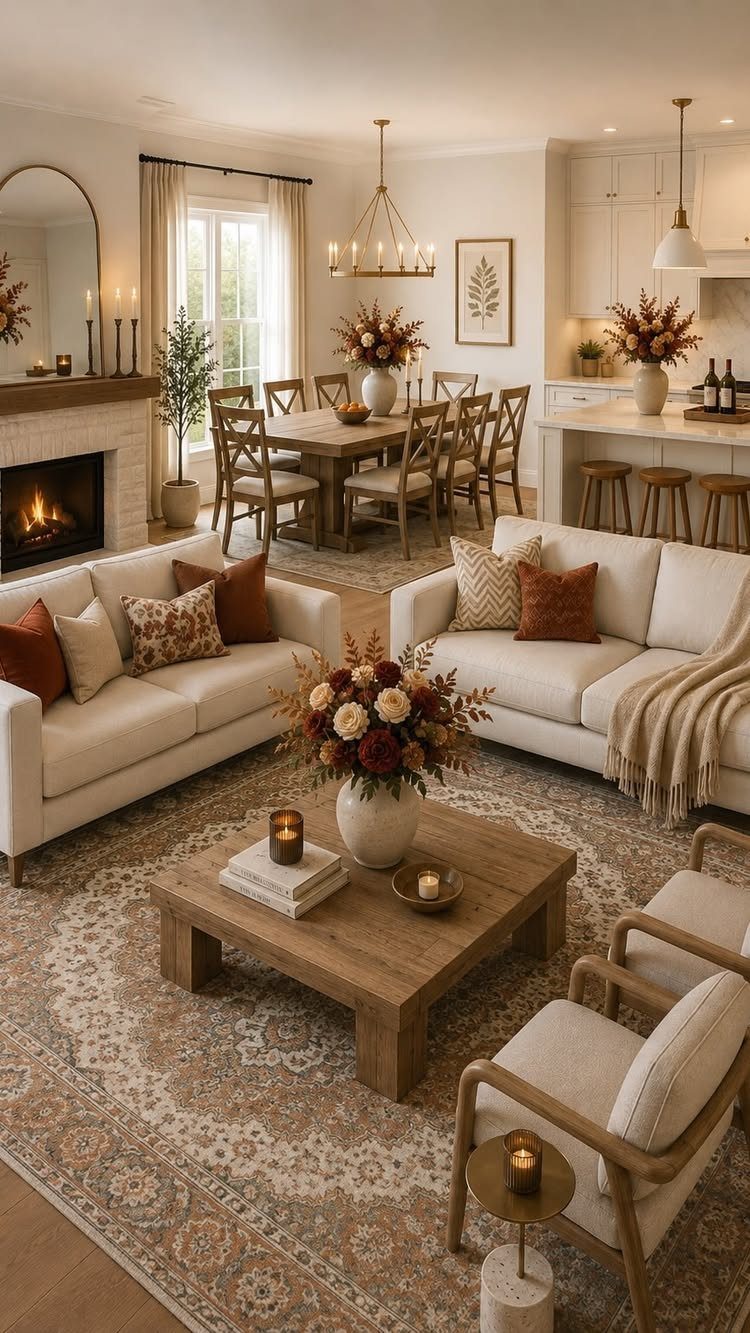 Living room with white sofas and wooden furniture arranged around a fireplace and rug