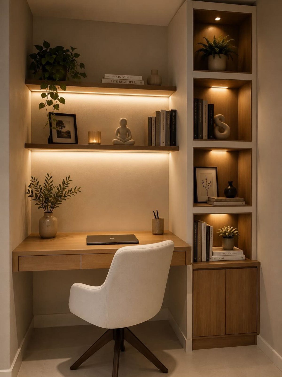 Wooden desk and shelving unit with integrated warm LED strip lighting and decor.
