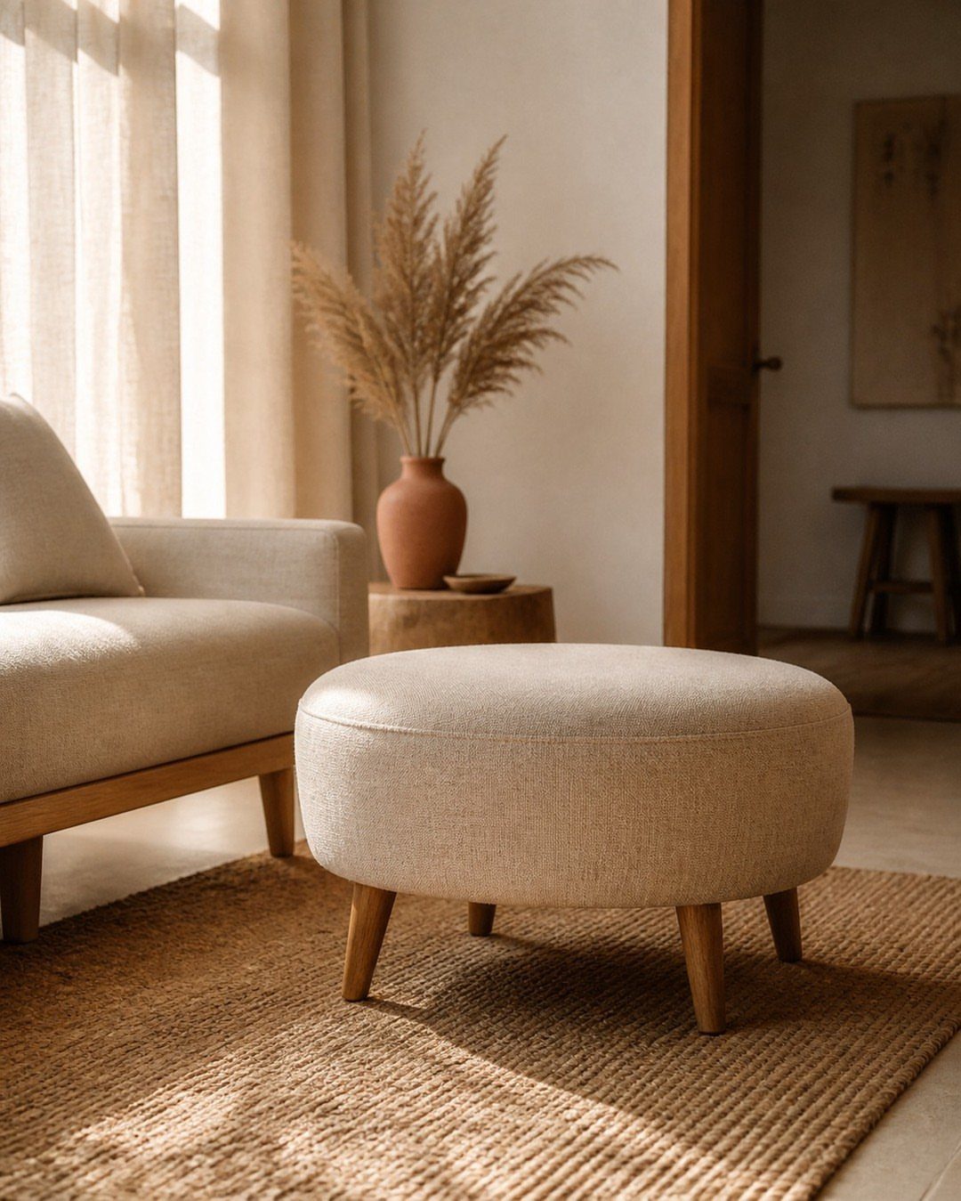Beige sofa and round ottoman on a brown jute rug in a living room.
