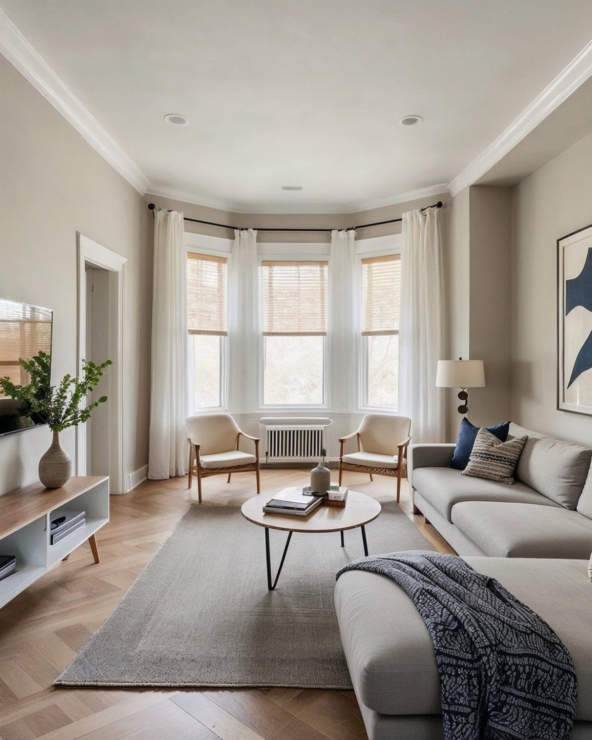 Light grey sectional sofa and round coffee table in a bright living room