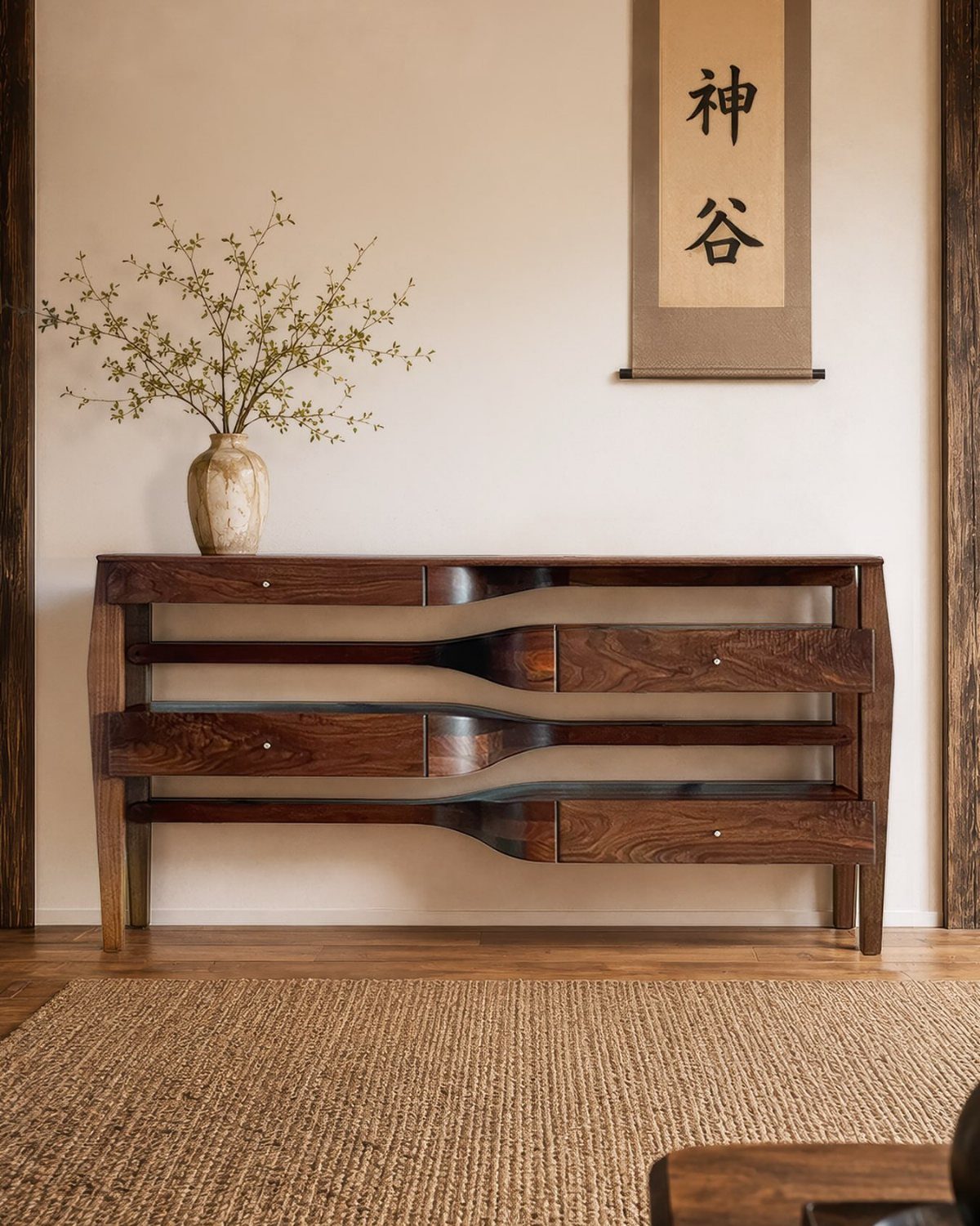 Dark wood console table with a Japanese calligraphy scroll hanging on the wall above.