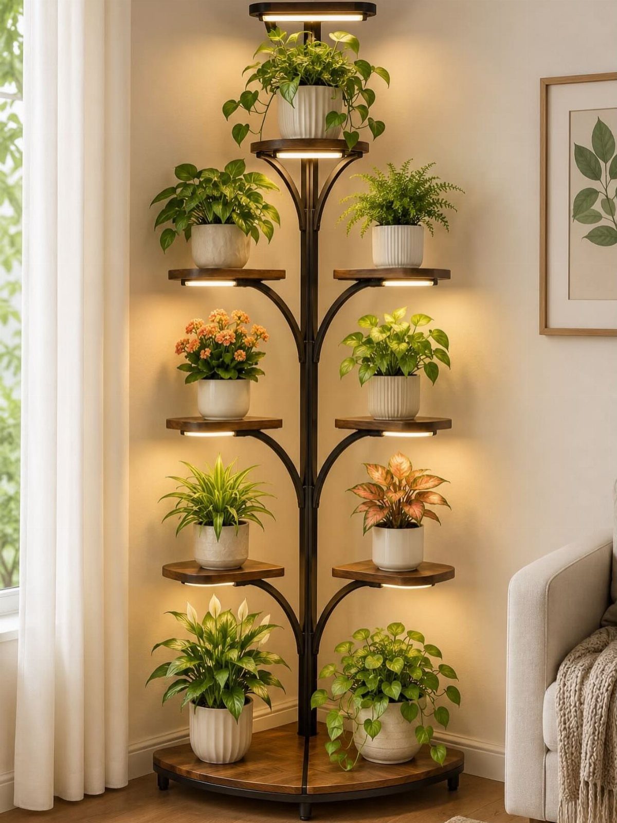 Tree-shaped plant stand with illuminated wooden shelves holding various potted indoor plants.