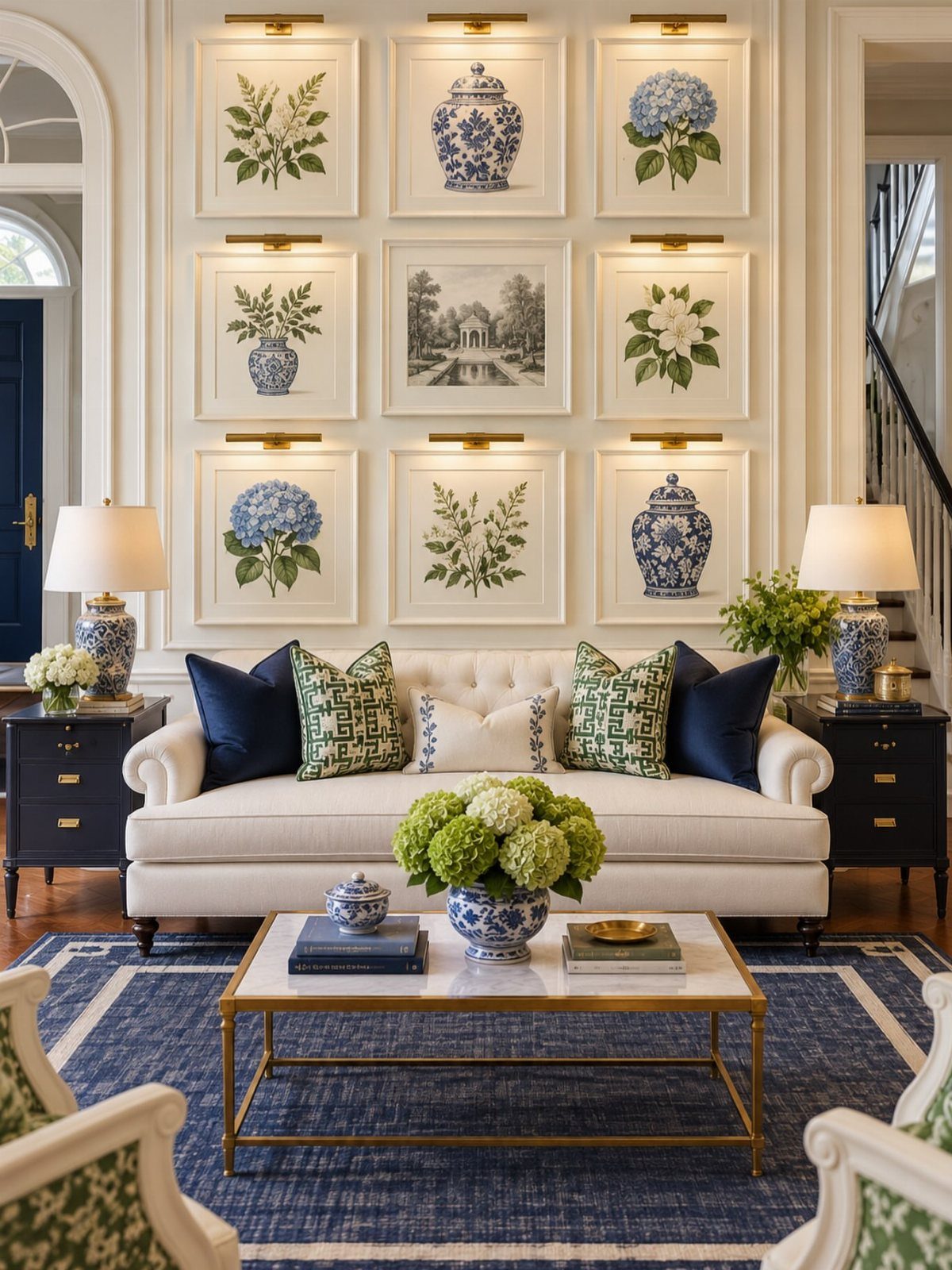 Gallery wall of botanical prints above a white sofa in a blue-themed living room