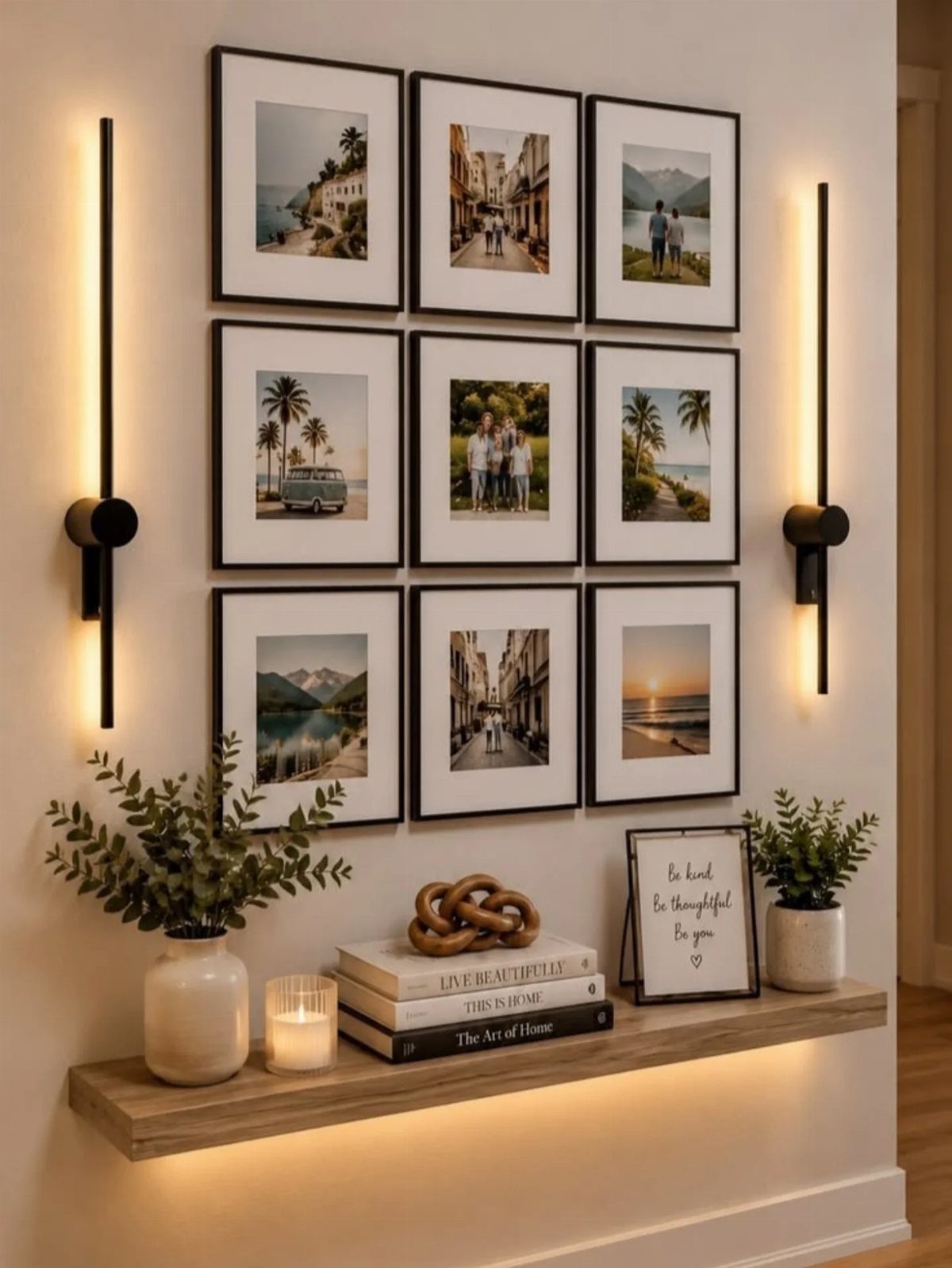 Gallery wall of nine framed photos illuminated by vertical black wall sconces.