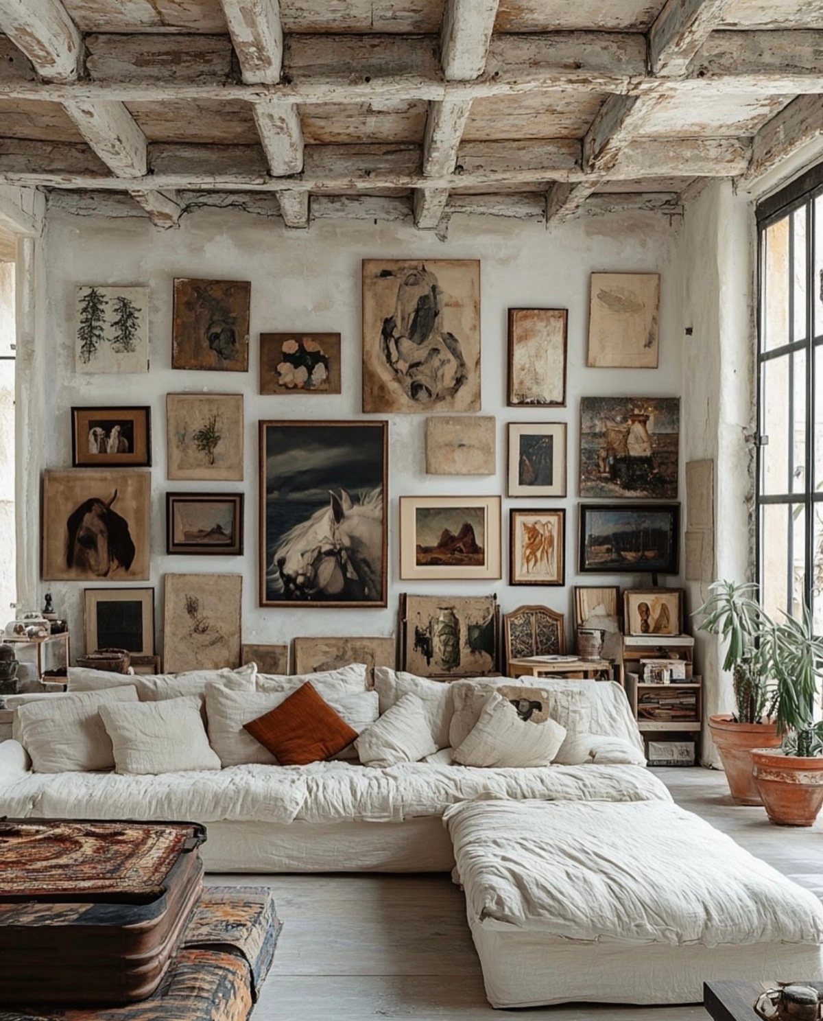 Gallery wall with various framed paintings above a white sectional sofa in rustic room