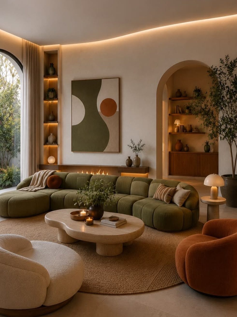 Curved olive green sectional sofa with a sculptural cream coffee table in modern living room