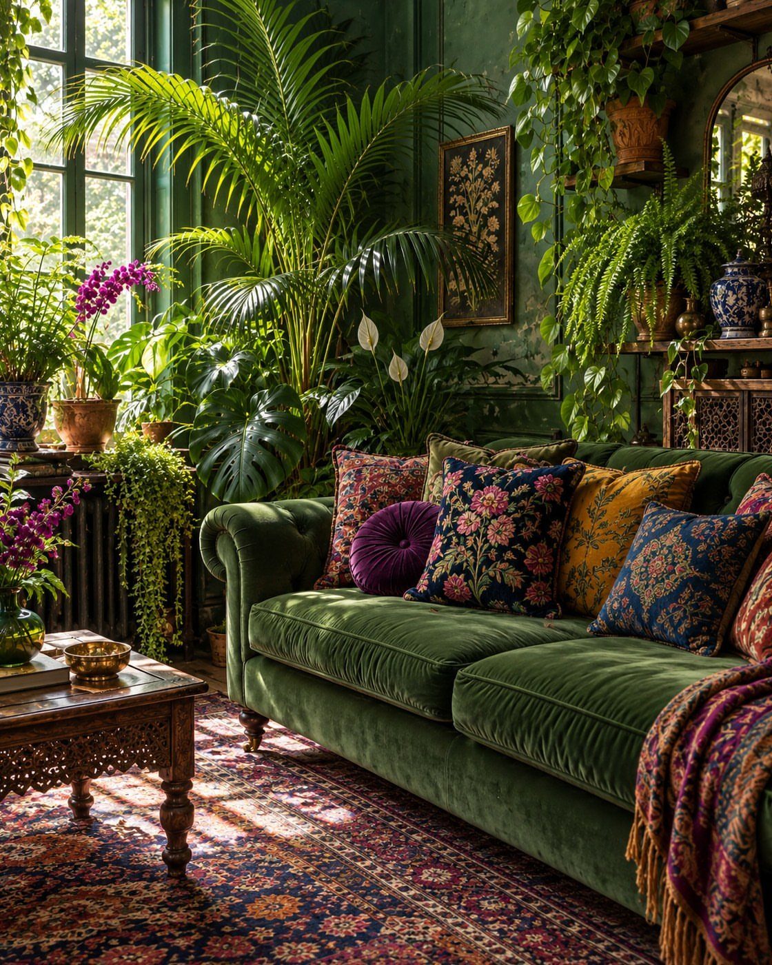 Emerald green velvet sofa surrounded by lush indoor plants and patterned textiles.