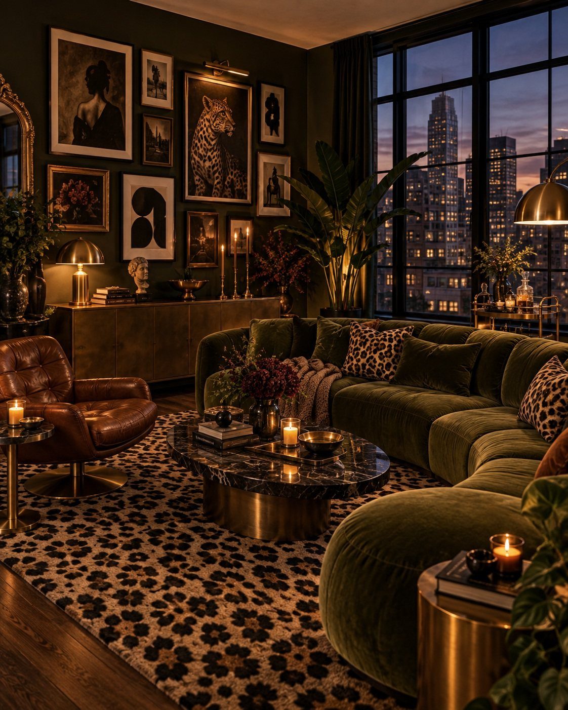 Emerald green velvet sofa and brown leather chair in a moody, dark living room.