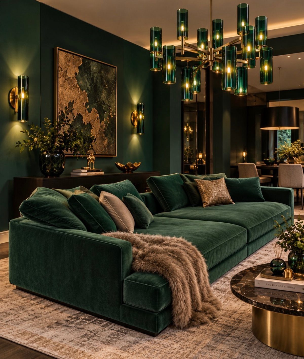 Emerald green velvet sectional sofa in a living room with dark green walls.