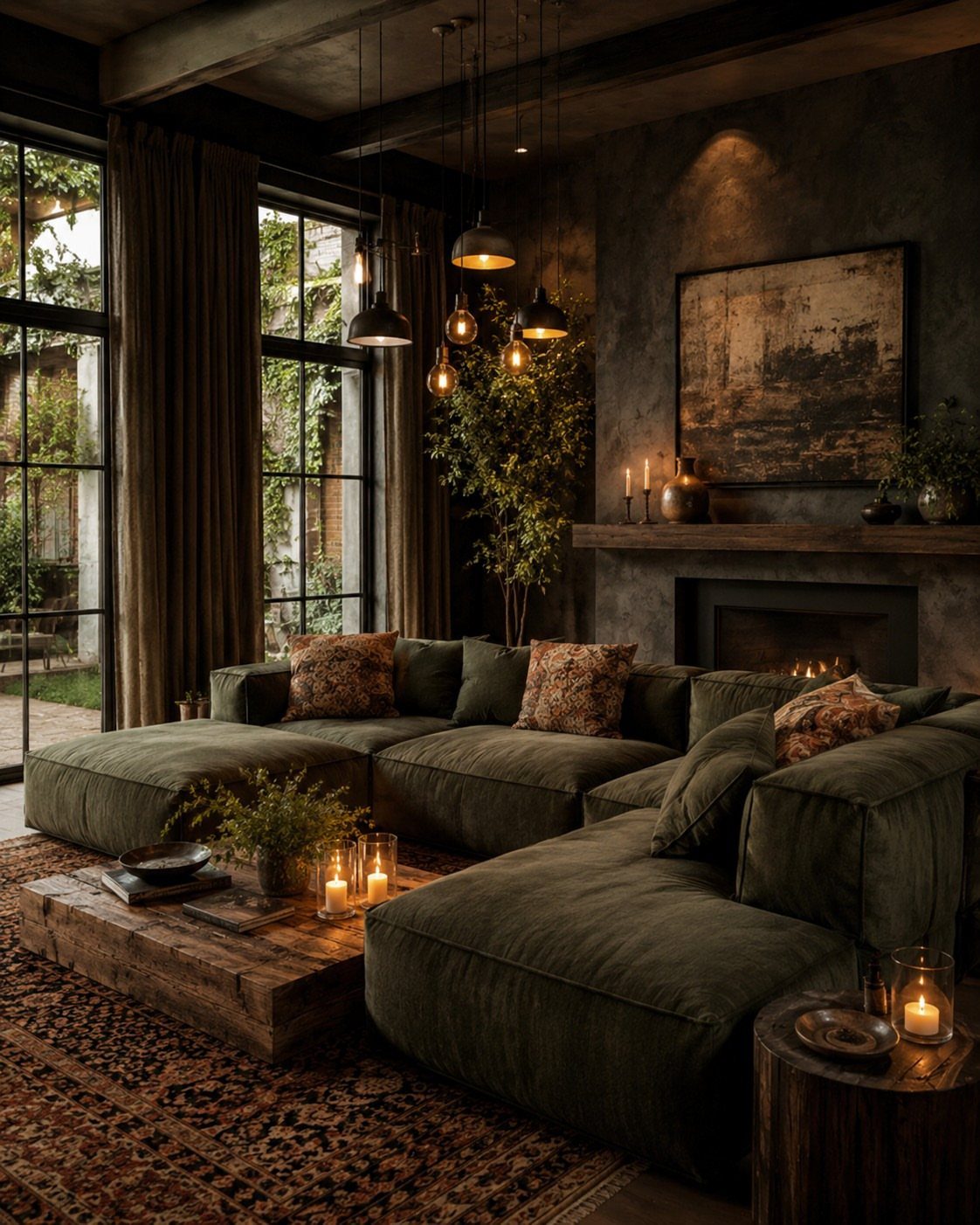 Olive green sectional sofa with patterned pillows and a rustic rug in a moody room.