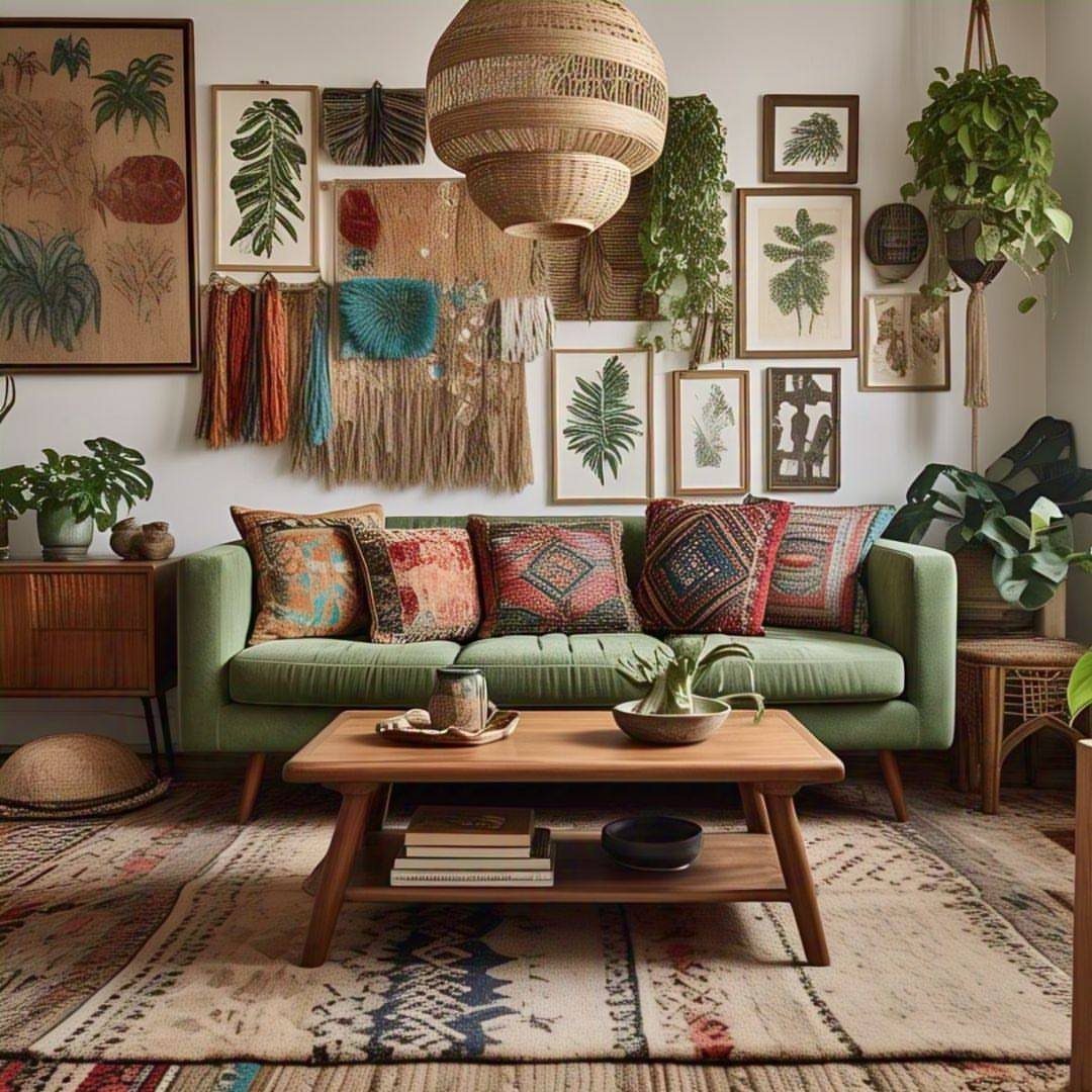 Green sofa with colorful pillows below a gallery wall of botanical art and textiles.