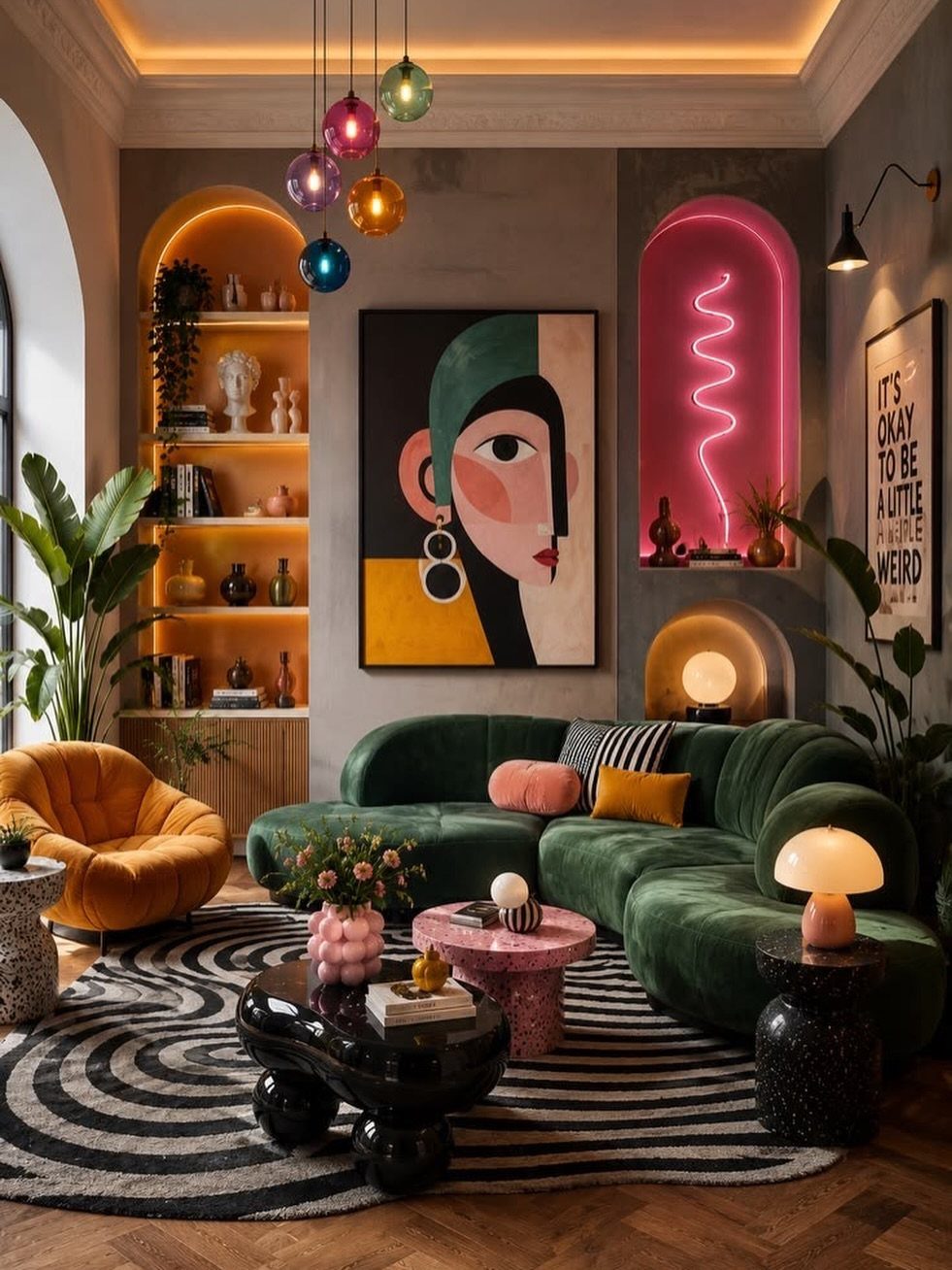 Emerald green velvet sofa with graphic pillows in a colorful modern living room.