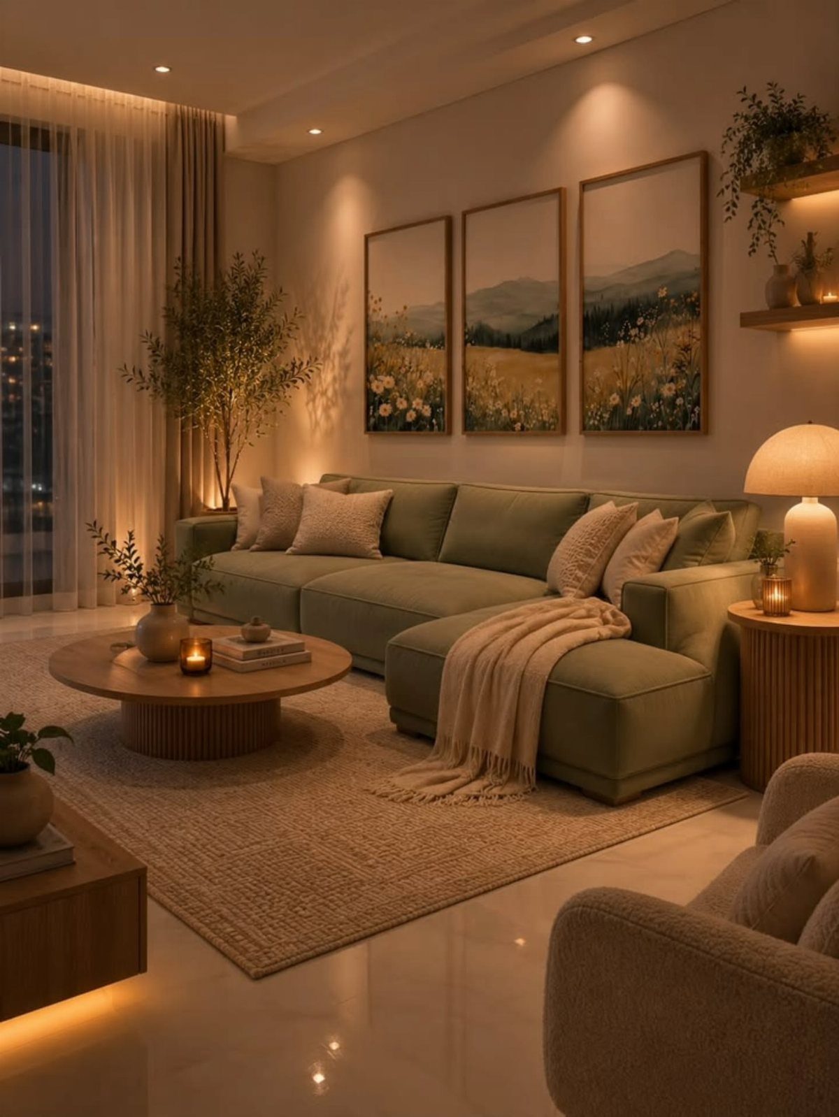 Sage green sectional sofa in a white living room with wooden furniture and art.
