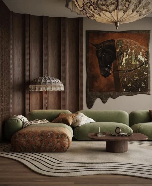 Olive green velvet sectional sofa in a living room with dark wood walls.
