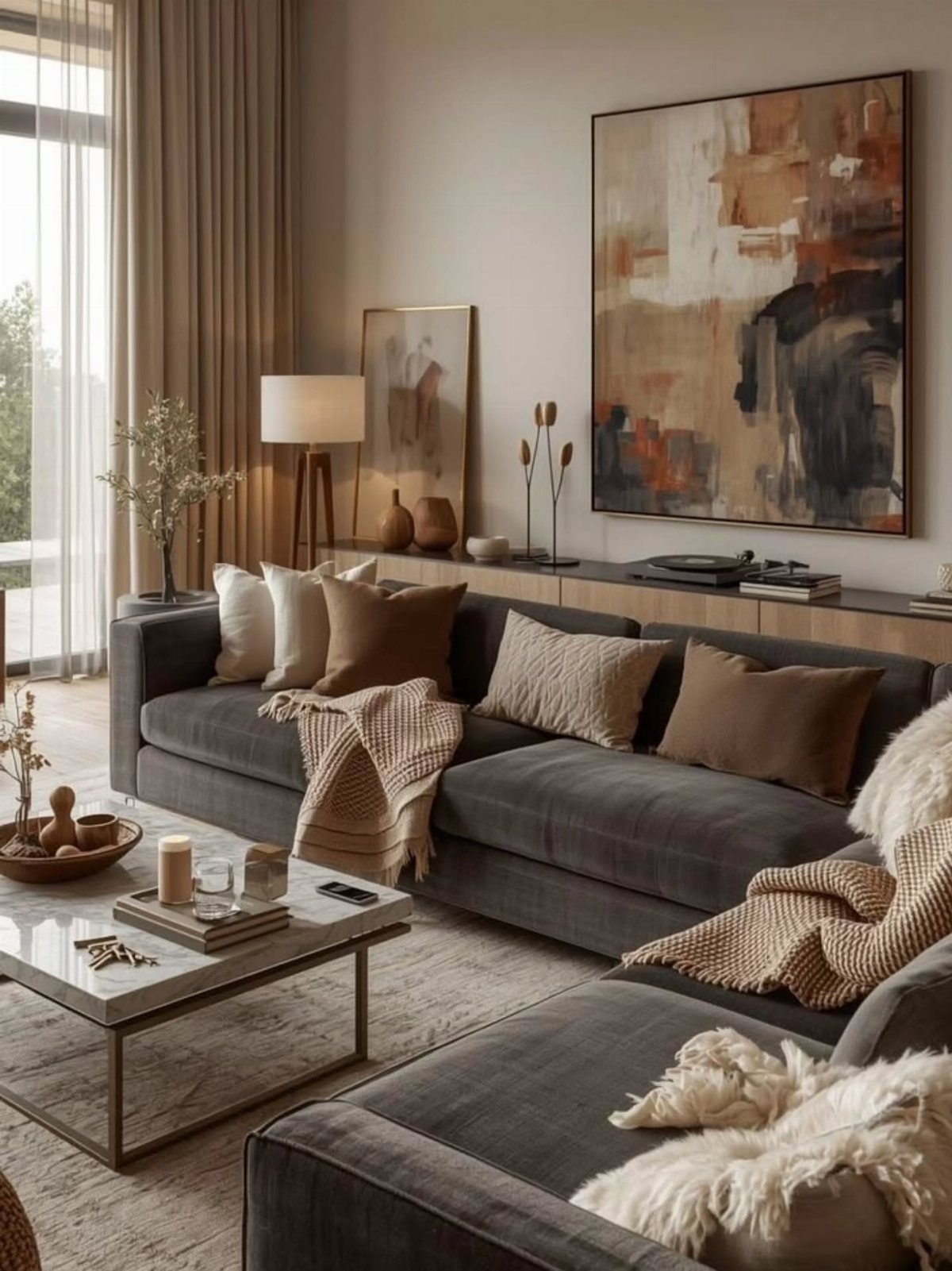 Dark grey sectional sofa with neutral pillows and throws in a modern living room