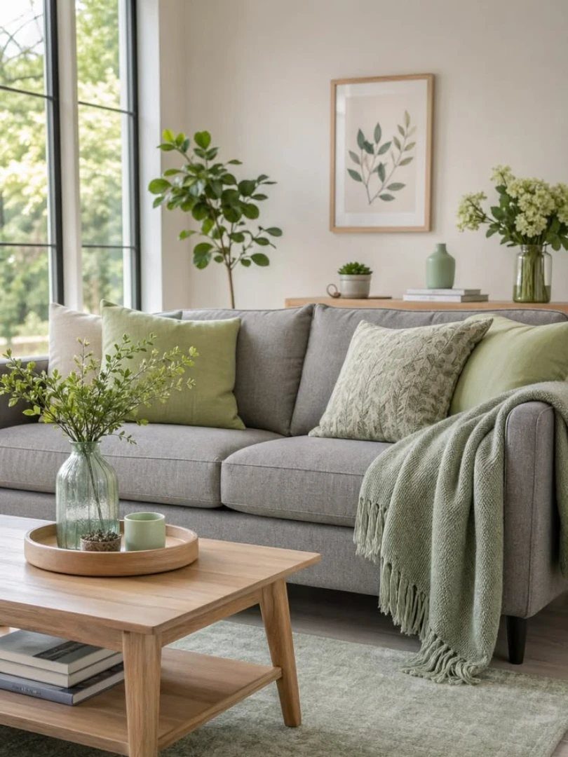 Grey sofa with sage green accents and potted plants in a bright living room