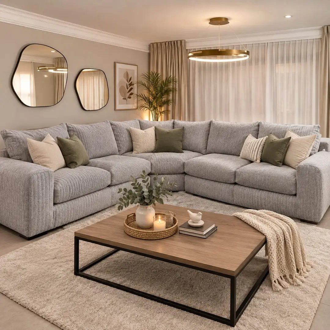 Pale grey sectional sofa with creamy and sage green pillows in a modern living room