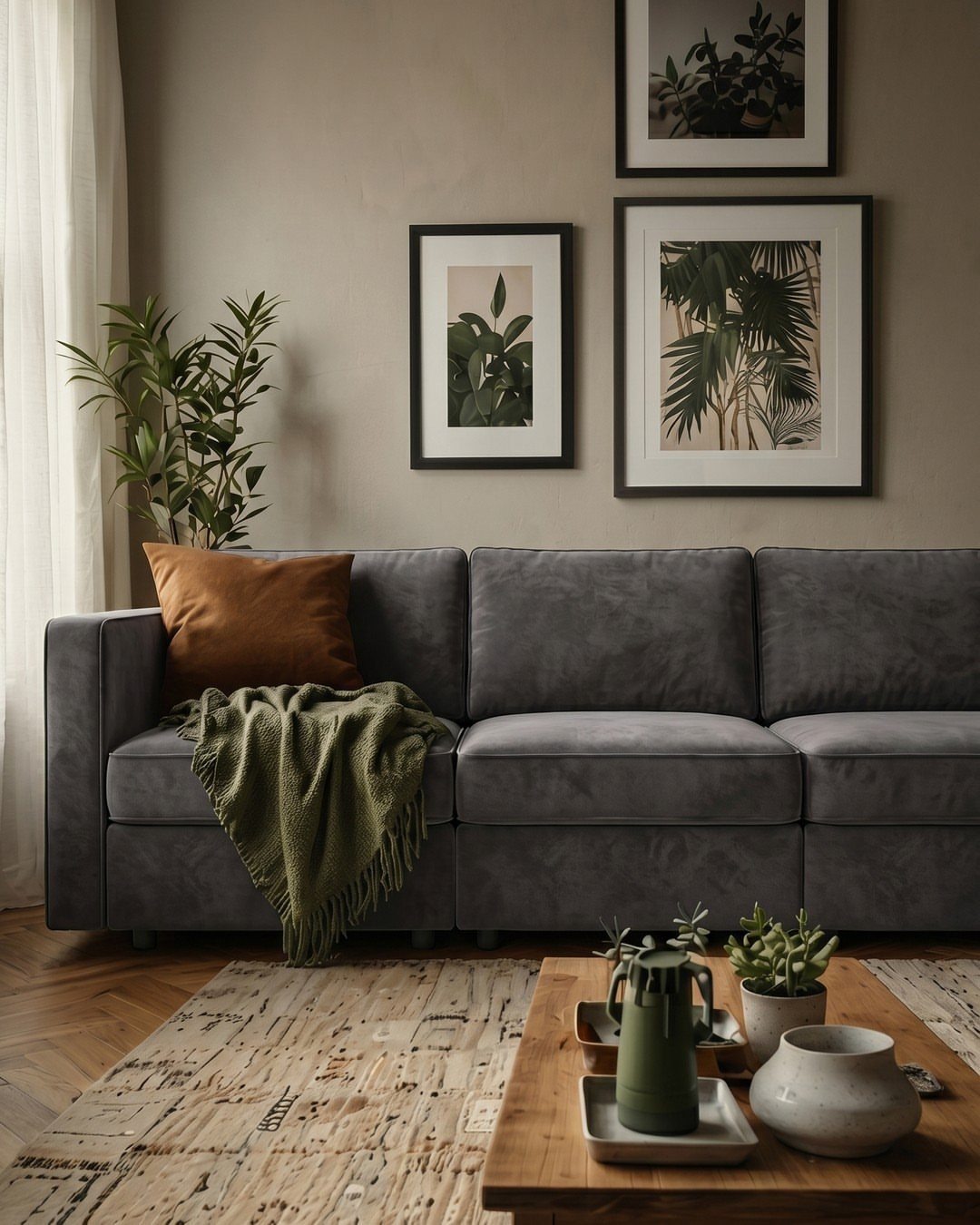 Dark grey velvet sofa with brown and green accents in a modern living room