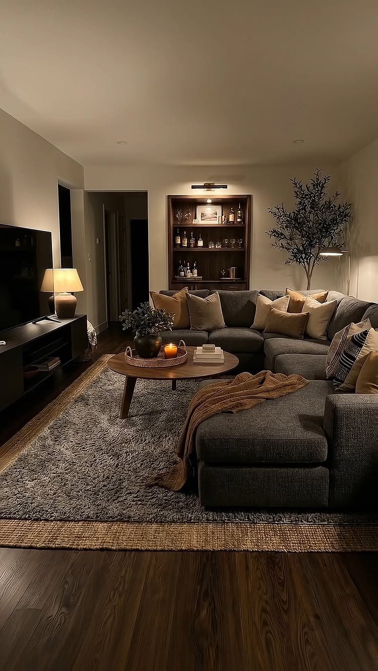 Dark grey sectional sofa with a round wooden coffee table and dark wood flooring.