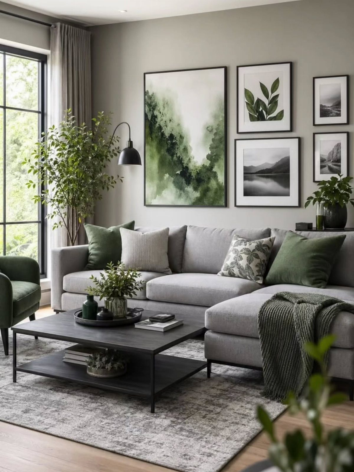 Light grey sectional sofa with green cushions and indoor plants in a modern living room
