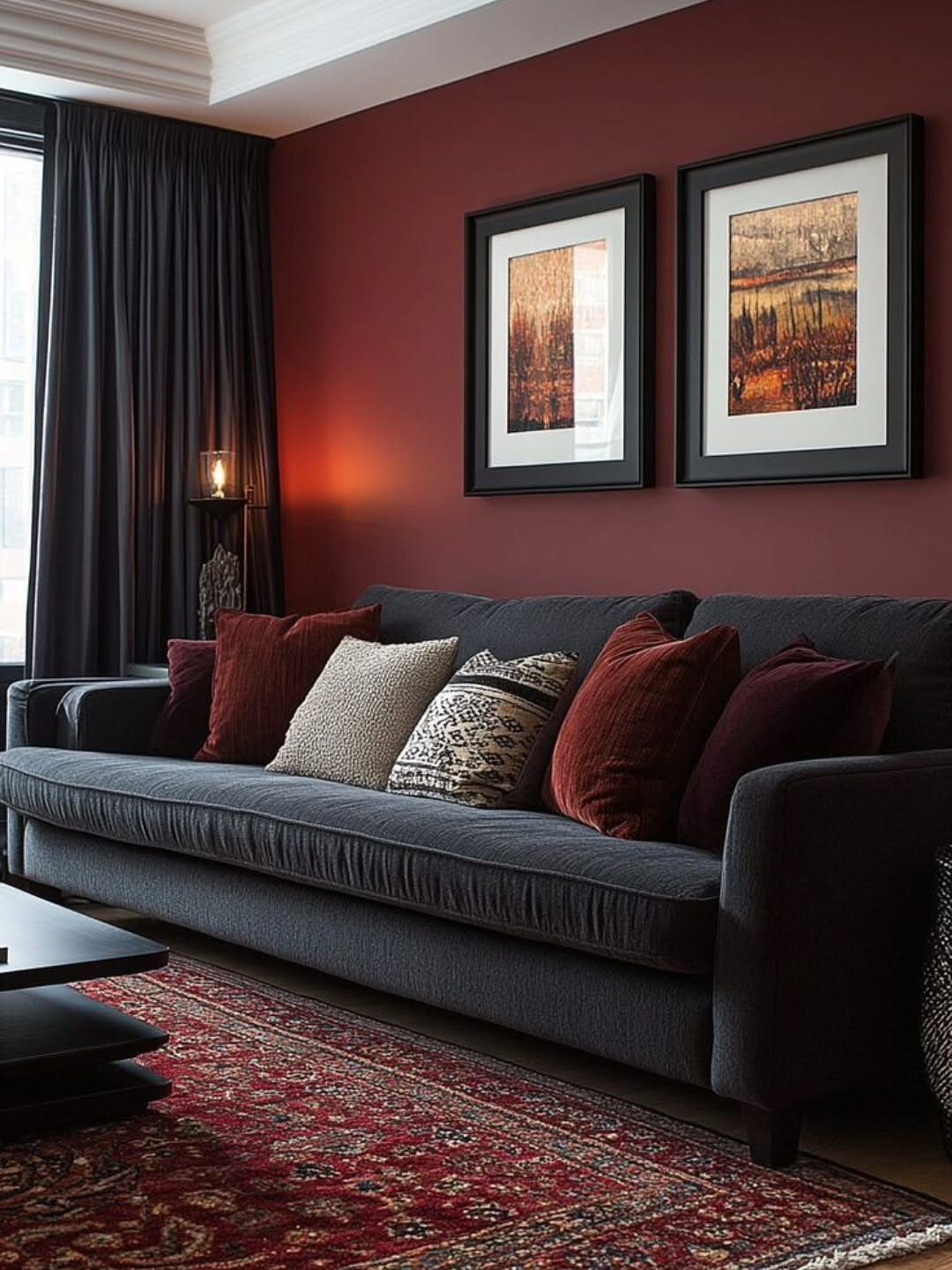 Dark grey sofa with red cushions against a deep red wall and patterned rug.