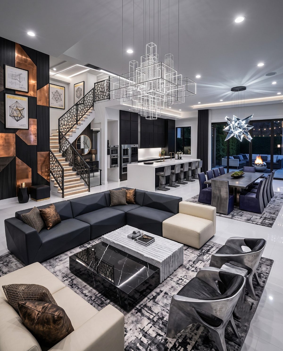 Modern living room with high ceilings, geometric chandelier, and recessed lighting.