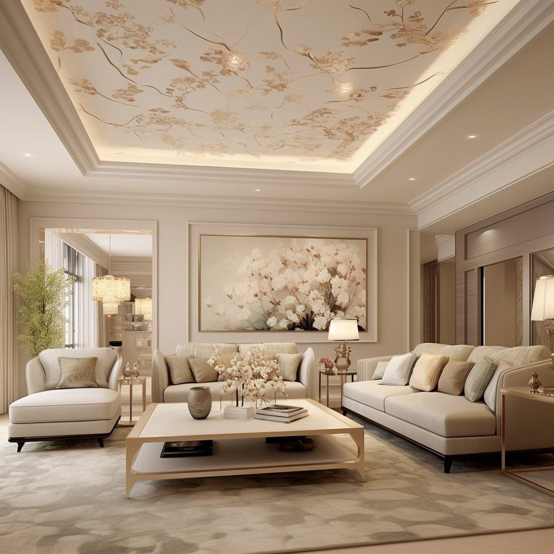 Luxurious living room with beige furniture and a decorative floral patterned ceiling.