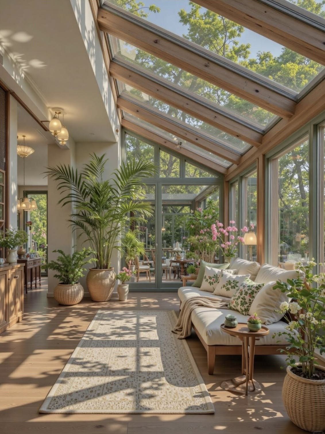 Sunlit living room with high glass ceilings and large potted indoor palm plants.