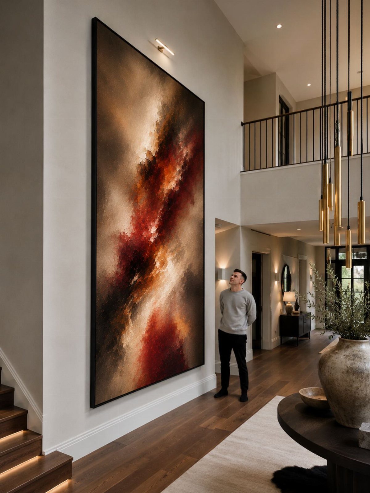Large vertical abstract painting in red and gold hanging in a modern hallway