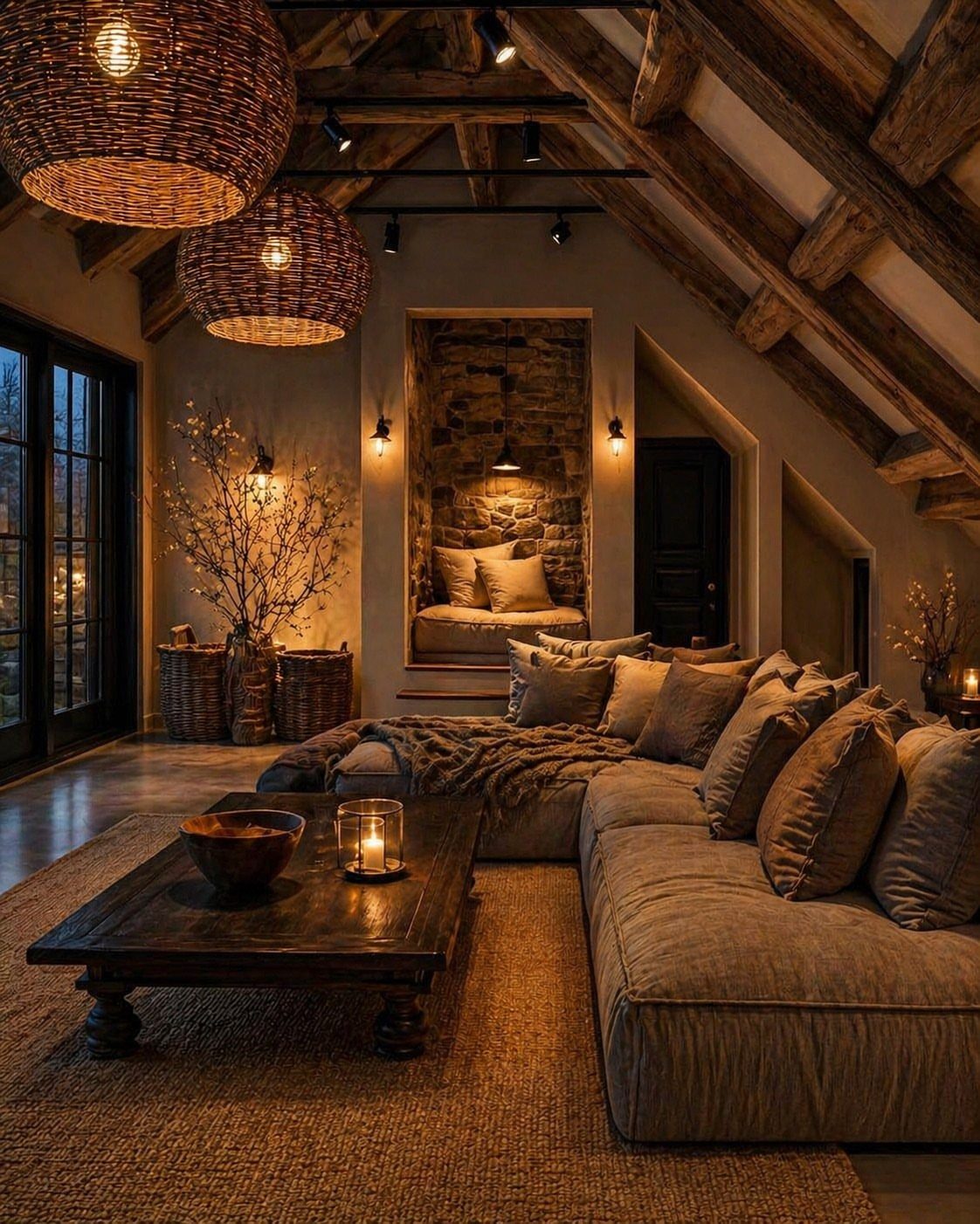Vaulted living room ceiling with exposed wooden beams and large woven pendant lights