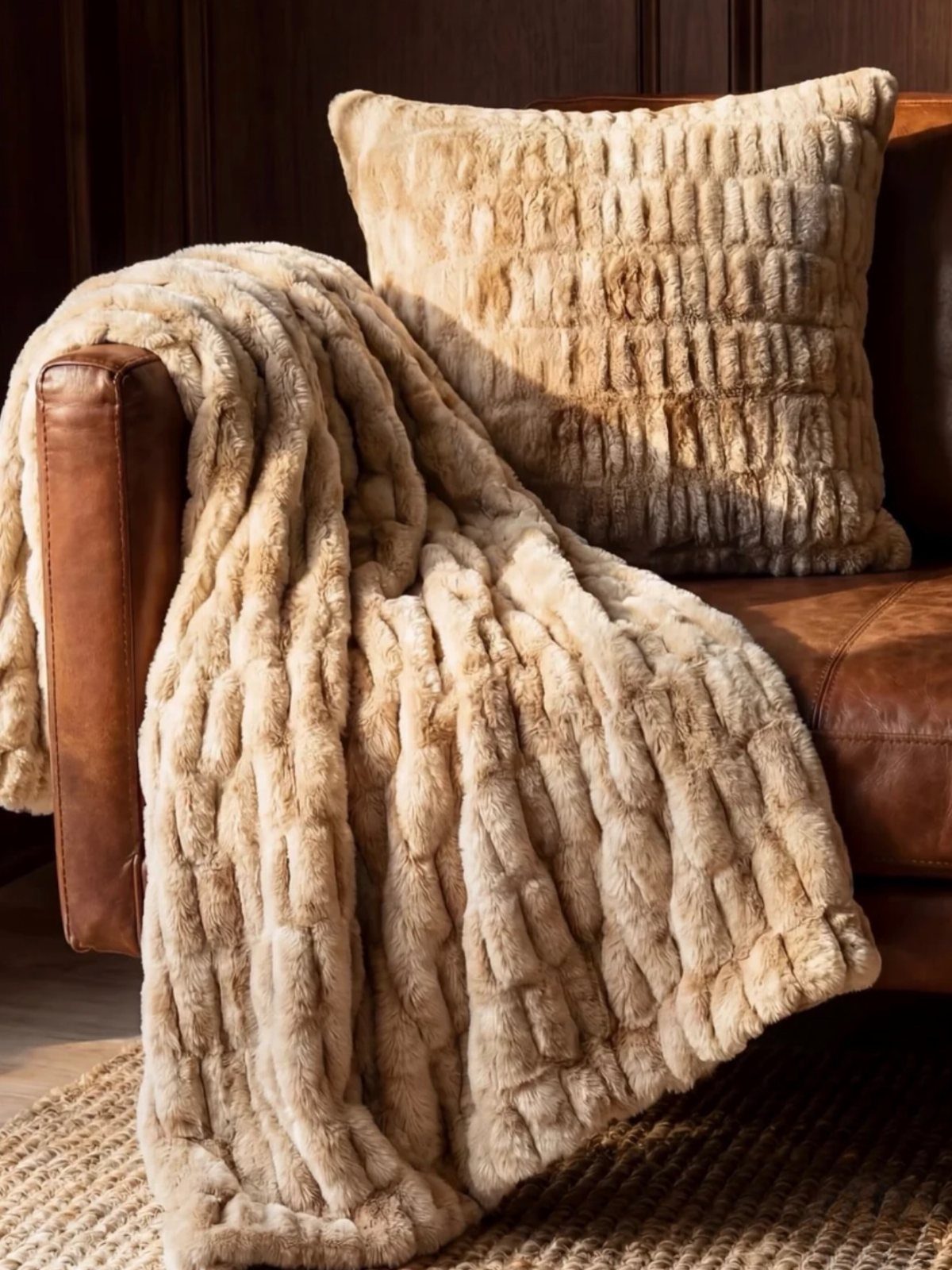 Beige faux-fur throw blanket draped over the arm of a brown leather sofa