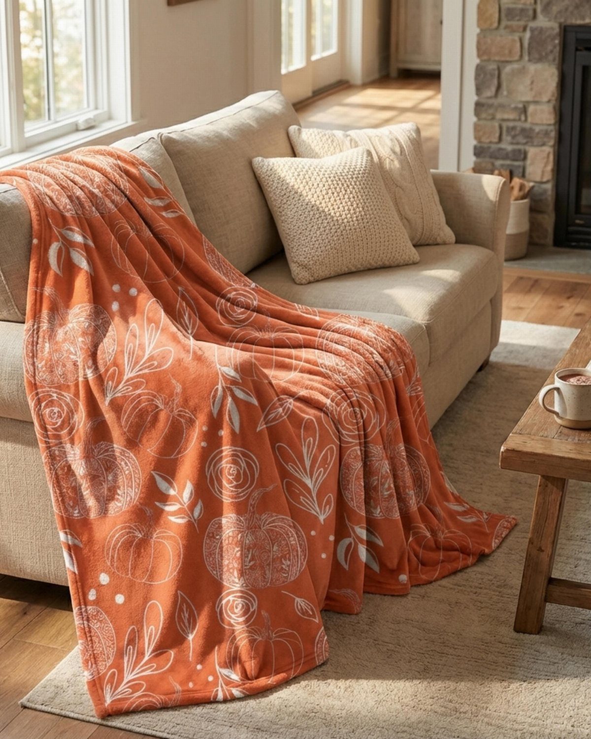 Orange pumpkin patterned blanket draped over a beige sofa in a cozy living room.