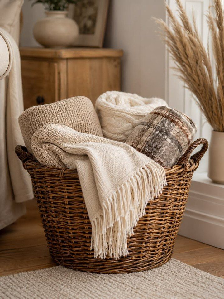Woven wicker basket filled with neutral colored throw blankets next to a sofa