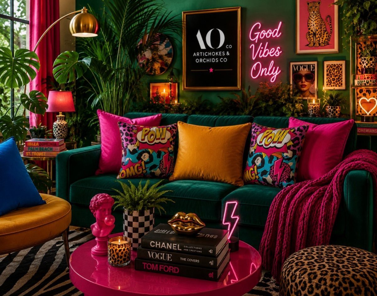 Teal velvet sofa with colorful pop-art and pink accent pillows in eclectic room.