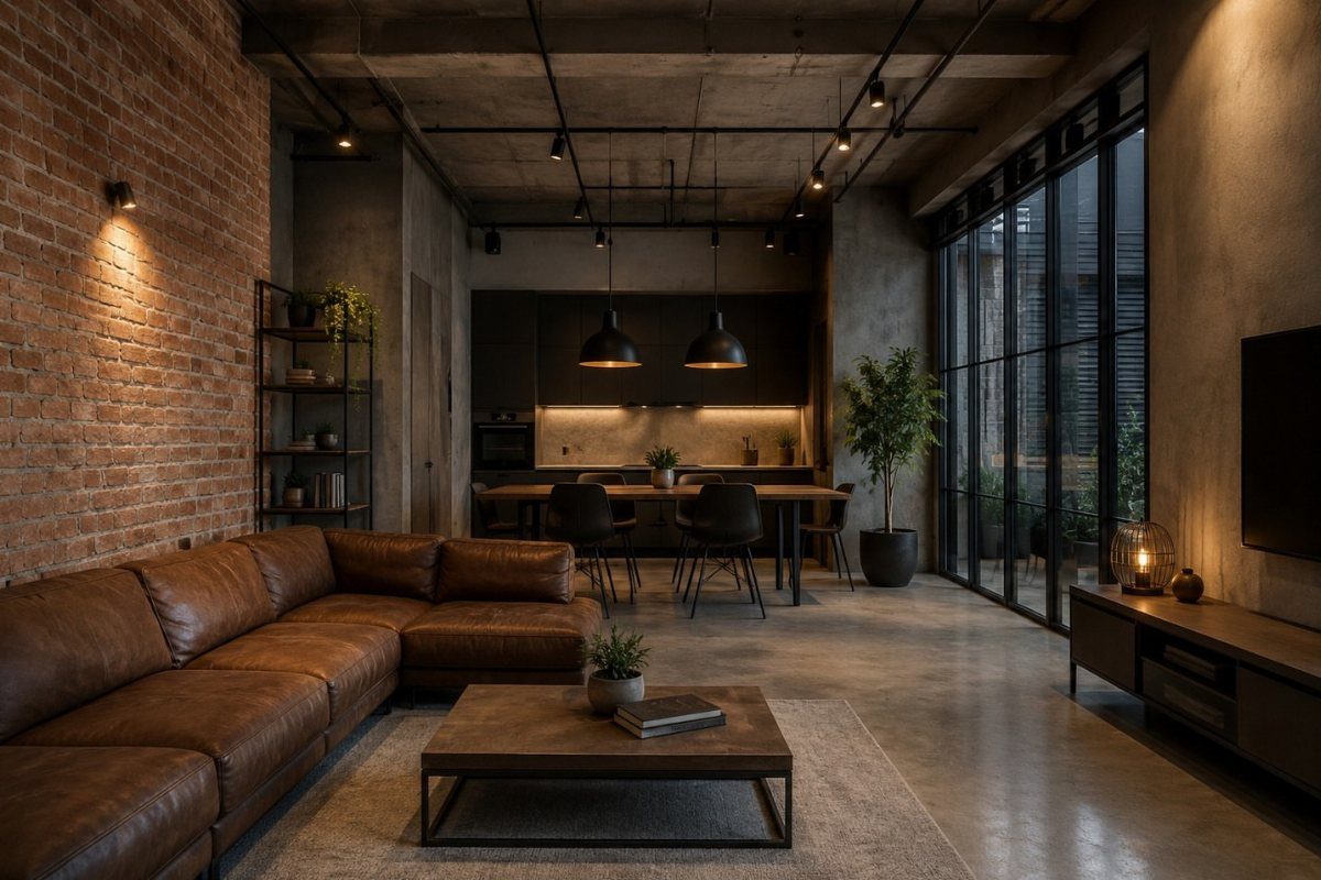 Industrial living room with leather sofa, brick wall, and polished concrete floors.