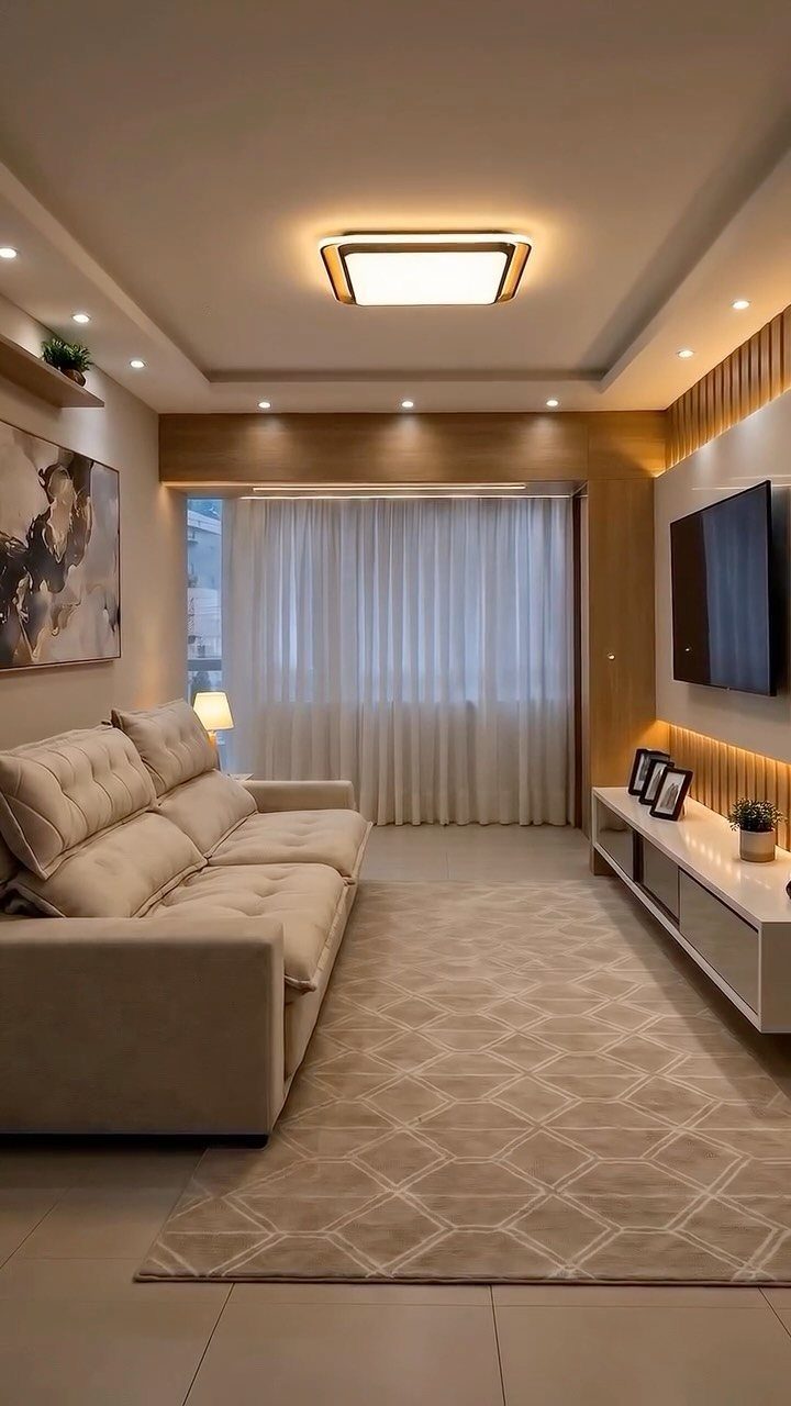 Modern living room featuring layered lighting with ceiling fixtures, spotlights, and LED strips.