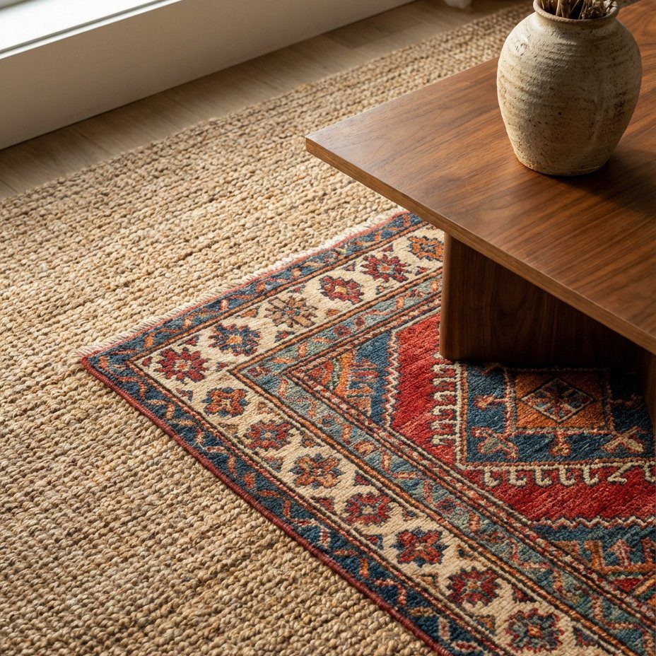 Patterned red oriental rug layered over a natural jute rug under a wooden table.