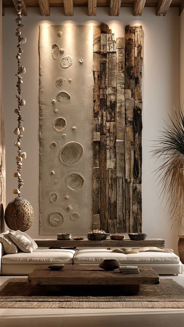 Living room with a large stone and wood wall installation and rustic furniture.
