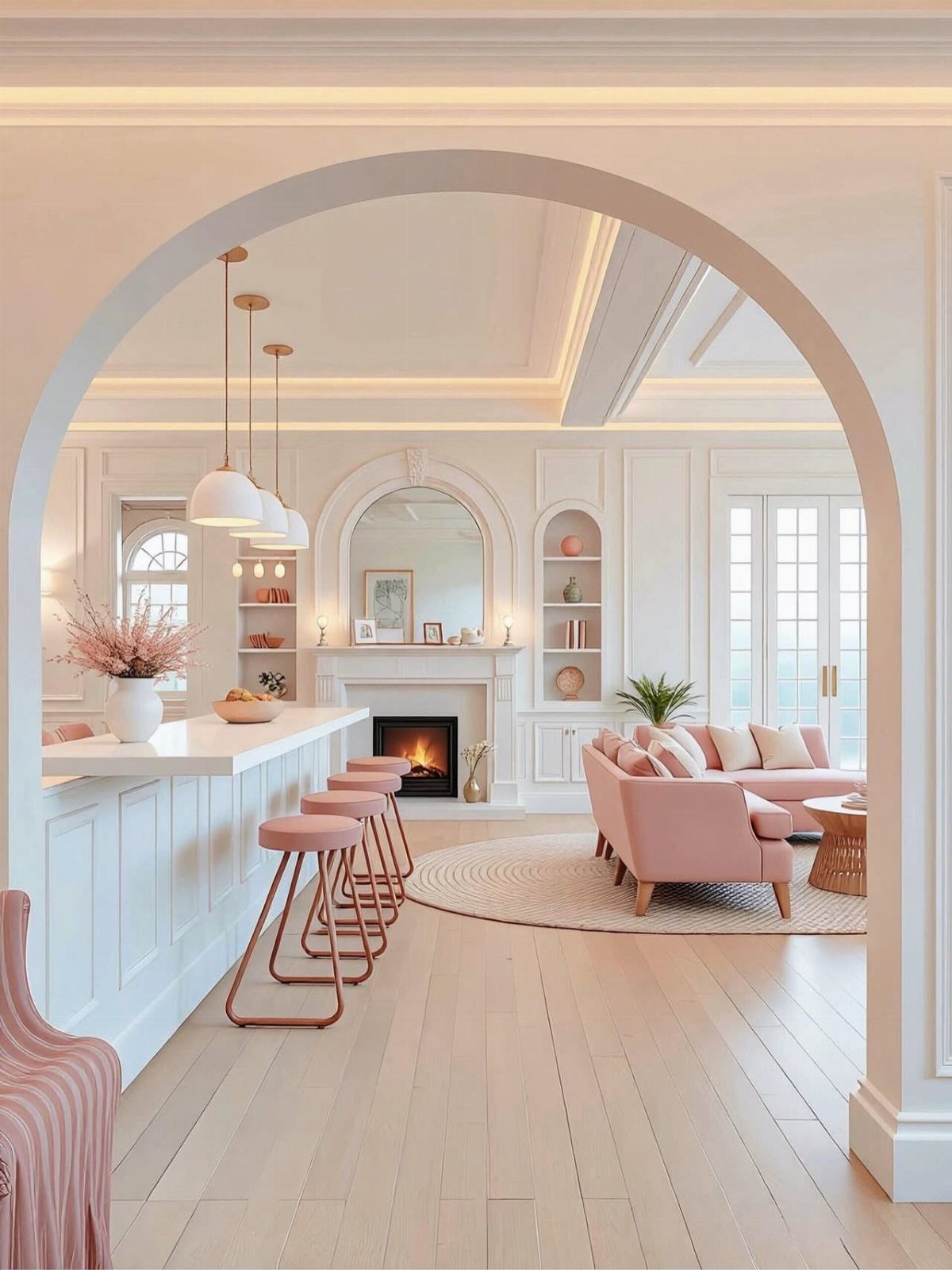 Powdery pink sofa and bar stools in a bright, white living room interior.