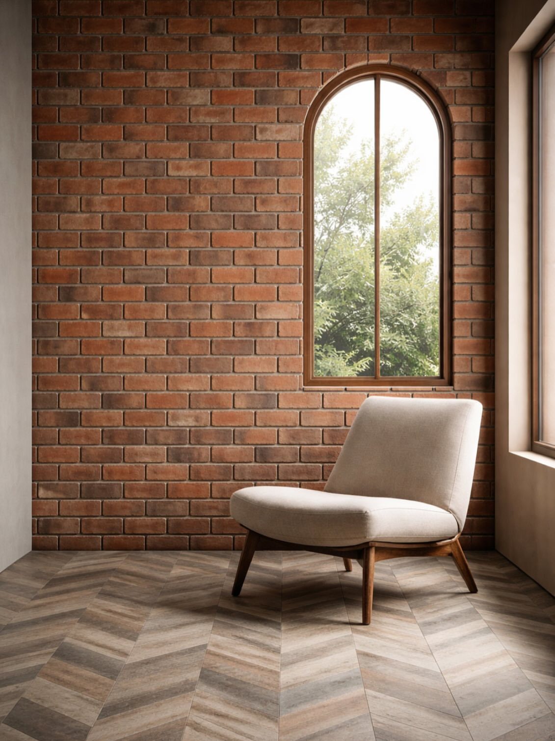 Red brick wall with an arched window and a cream modern lounge chair.